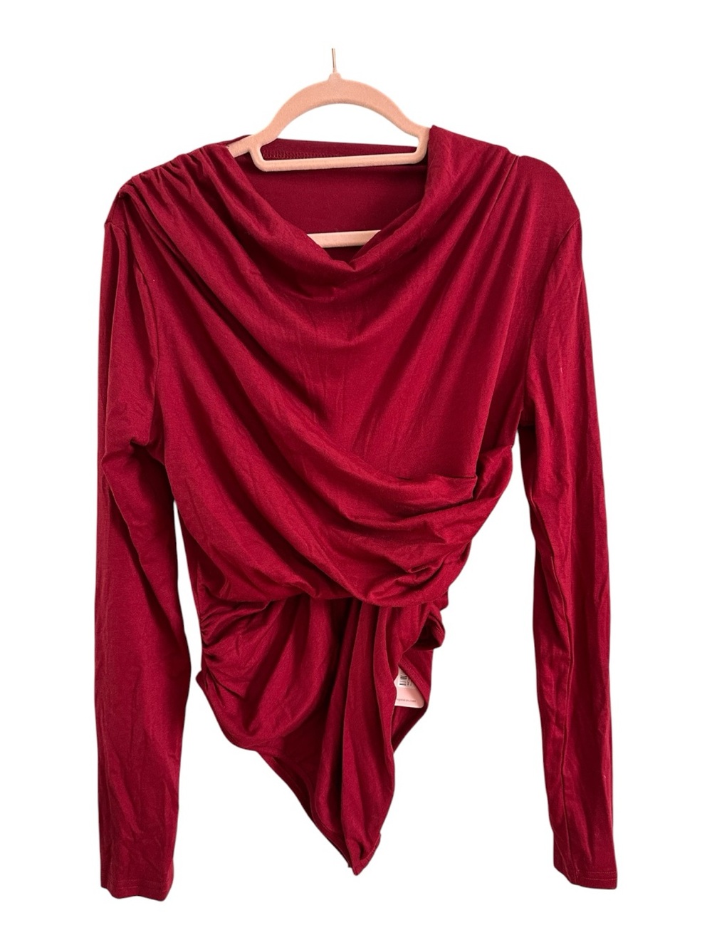 Draped Long-Sleeve Bodysuit in Burgundy